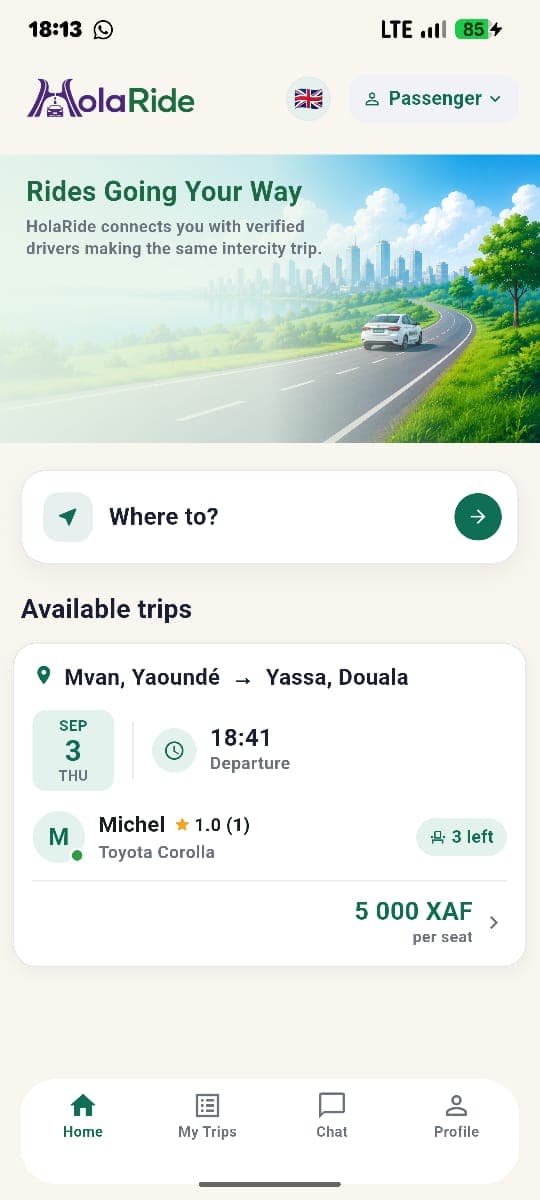 L'app HolaRide affichant les trajets disponibles entre Yaoundé et Douala