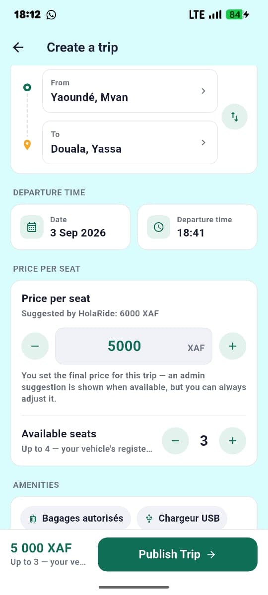 L'app HolaRide affichant la publication d'un trajet et le choix du prix