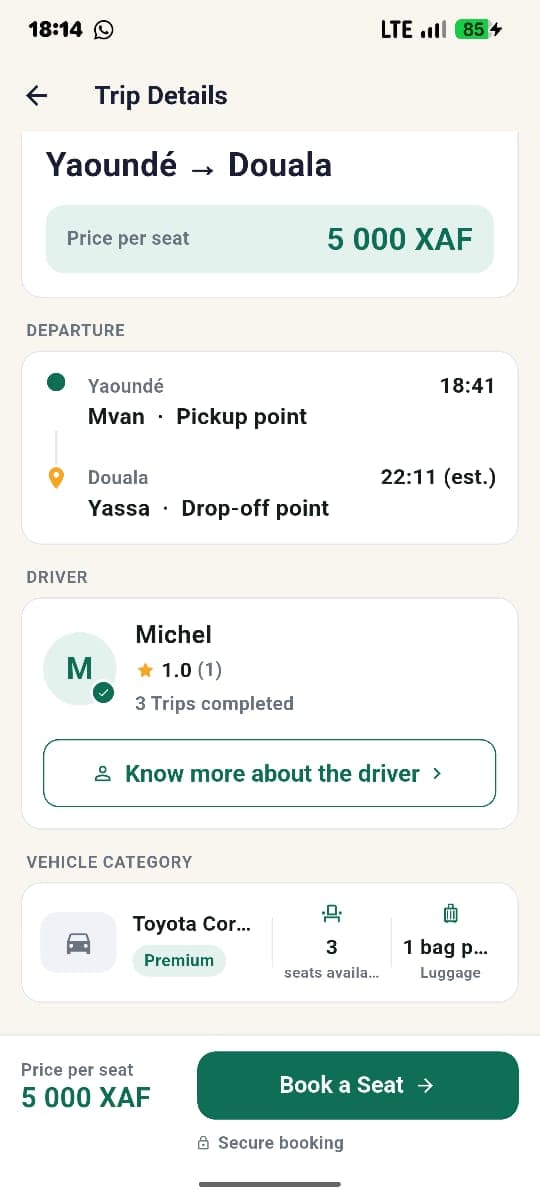 L'app HolaRide affichant le détail d'un trajet, la note du conducteur et le véhicule